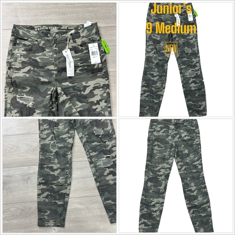 Junior’s Vanilla Star 9 Medium Green Olive Camo Jeans Pants Stretch Torn Ripped